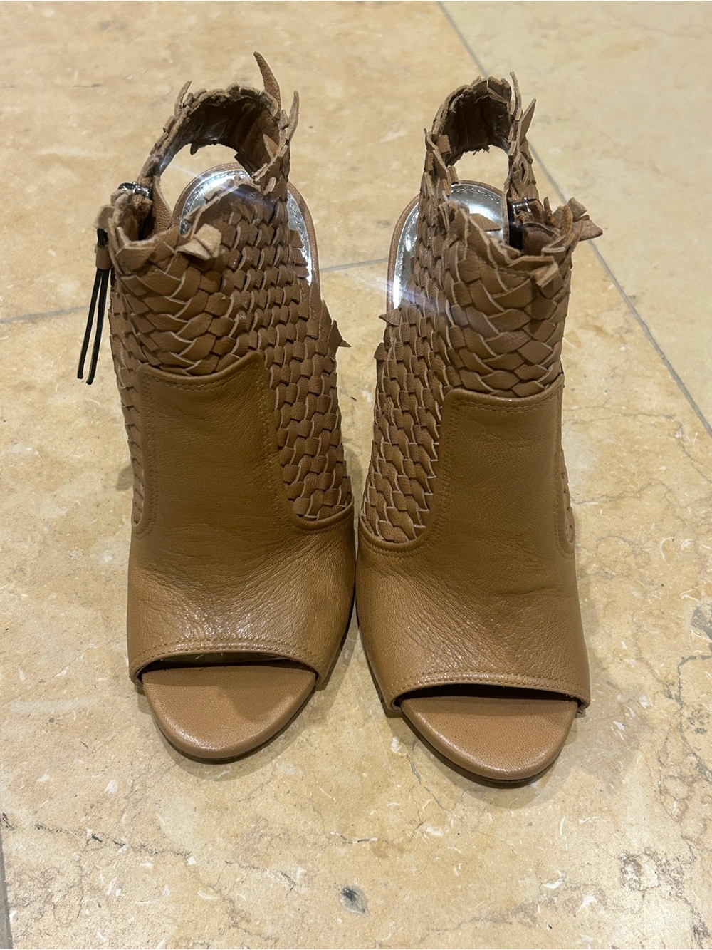 Coach Tan Braided Open-Toe Leather Mule Booties